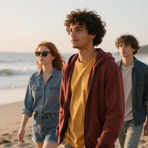 Photograph of three young adults walking on a beach at sunset: curly-haired man in red jacket and yellow shirt, red-haired woman in denim shirt and