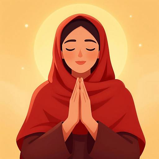 Digital illustration of a smiling woman with closed eyes, wearing a red hooded cloak, hands in prayer pose, against a glowing yellow background.