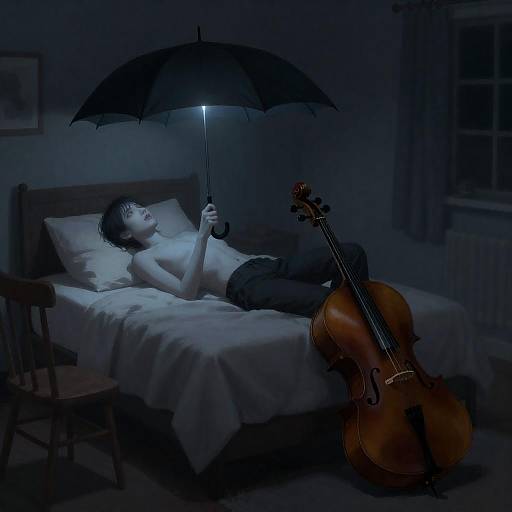 Midnight Bedroom with Umbrella and Cello