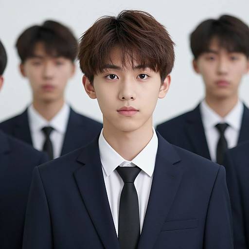 Photograph of a young Asian man in a black suit and tie, with three blurred men in similar attire in the background. White background. Serious expression