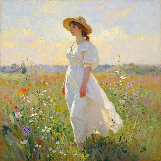 Impressionist painting of a young woman in a flowing white dress and straw hat, standing in a vibrant, sunlit meadow with colorful wildflowers