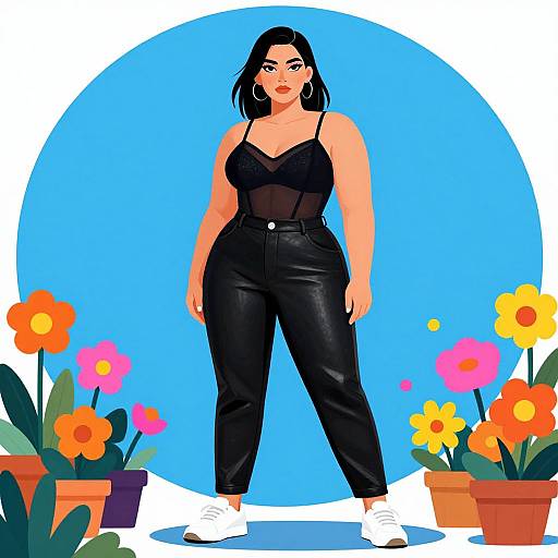 Digital illustration of a curvy woman with black hair, wearing a black lace top and high-waisted leather pants, standing in front of colorful flowers