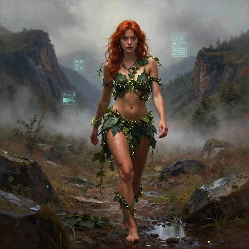 Digital art of a red-haired woman with leafy, tribal attire, walking through a misty, mountainous forest with glowing blue squares.