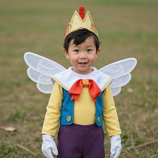 Photograph of an Asian toddler in a fairy costume with a gold crown, white wings, yellow shirt, blue vest, and brown pants, standing outdoors