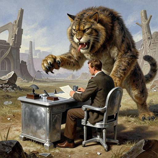 Photograph-style digital artwork of a man in a suit writing at a desk, with a large, angry werewolf looming over him in a ruined,