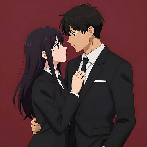 Intimate Anime Couple in Black Suits