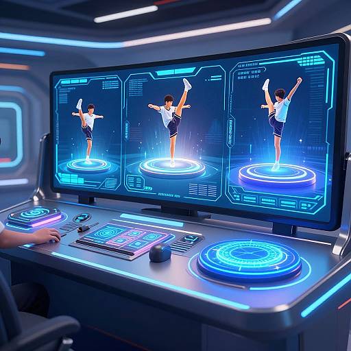 Digital art: Futuristic control panel with three neon-blue screens displaying a dancing boy on glowing circles, illuminated buttons, and a hand on a joystick.