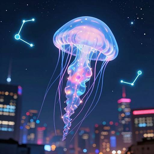 Neon Jellyfish Over City Skyline