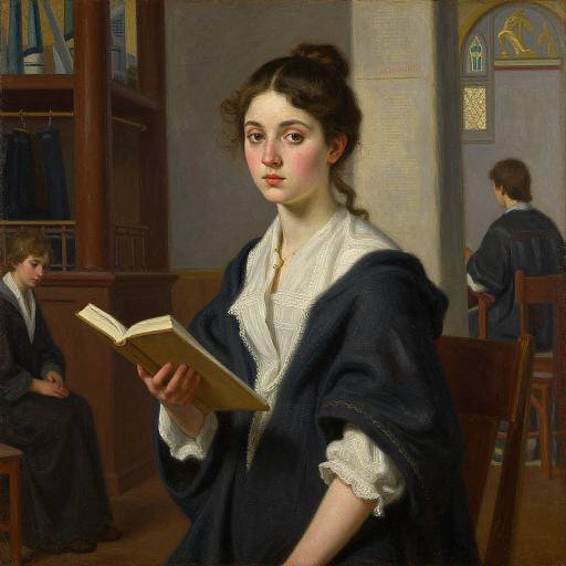 Realistic oil painting of a young woman with fair skin and dark hair, wearing a white blouse and navy shawl, reading a book in a dim