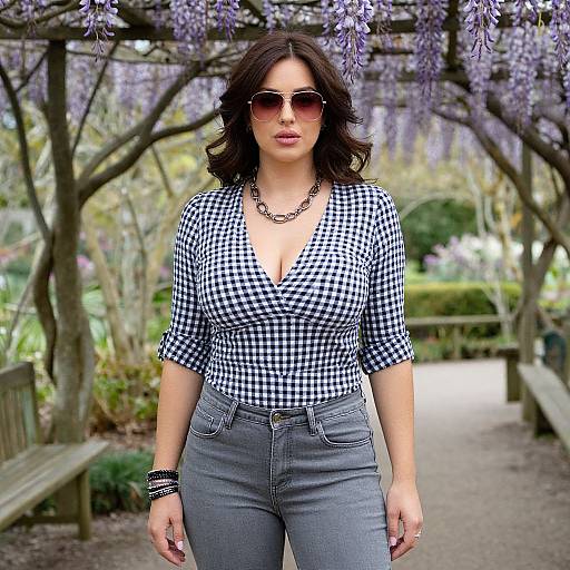 Photograph of a curvy woman with fair skin, dark wavy hair, wearing sunglasses, black-and-white checkered blouse, high-waisted