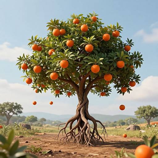 Surreal Floating Tree with Vibrant Fruits