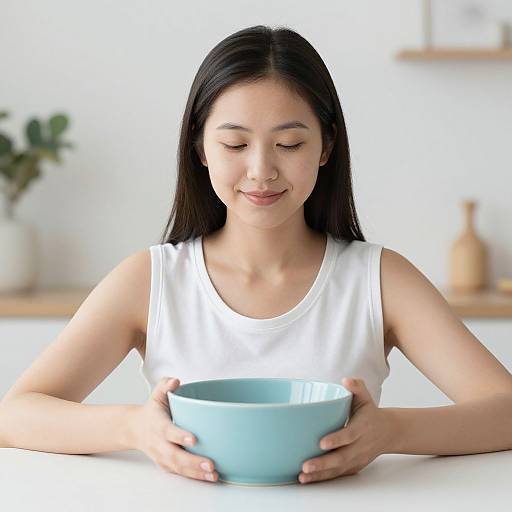 Woman Holding Blue Bowl