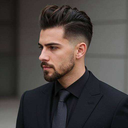 Photograph of a handsome, bearded man with dark, styled hair in a black suit and tie, looking contemplative against a gray urban background.