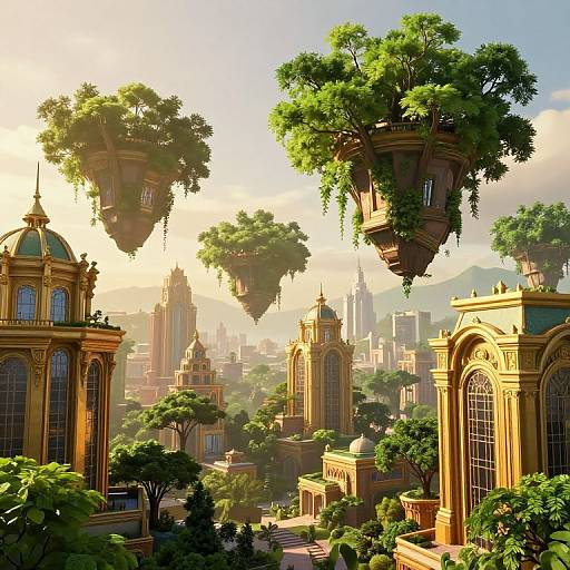 Fantastical digital illustration of a sunlit, floating cityscape with lush greenery, ornate yellow buildings, and air-borne treehouses.