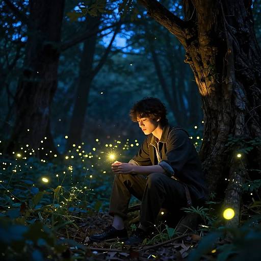 Photograph of a young man with curly hair, sitting in a dark forest at twilight, surrounded by glowing fireflies, holding a small flame.