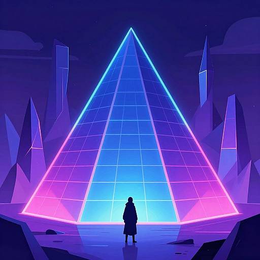 Digital artwork of a lone figure silhouetted in front of a glowing, neon blue and pink pyramid against a dark night sky.