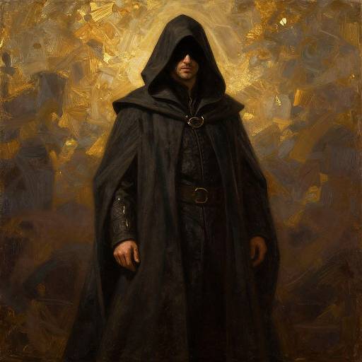 Mysterious figure in dark hooded cloak with gold halo, standing against textured, golden-brown abstract background. Digital painting.