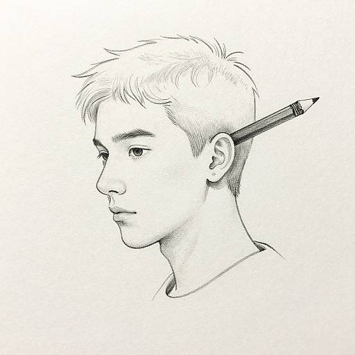 Black and white pencil drawing of a young man with short, messy hair, side-swept, with a pencil inserted into his head, profile view