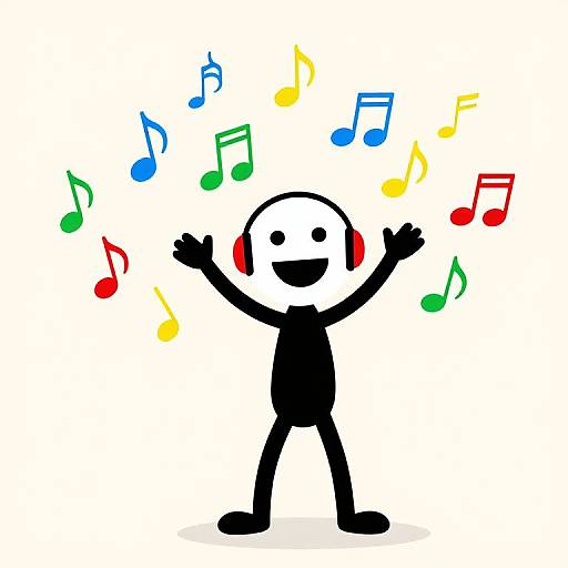 Colorful digital drawing of a black and white stick figure with red earphones, arms raised, surrounded by multicolored musical notes.