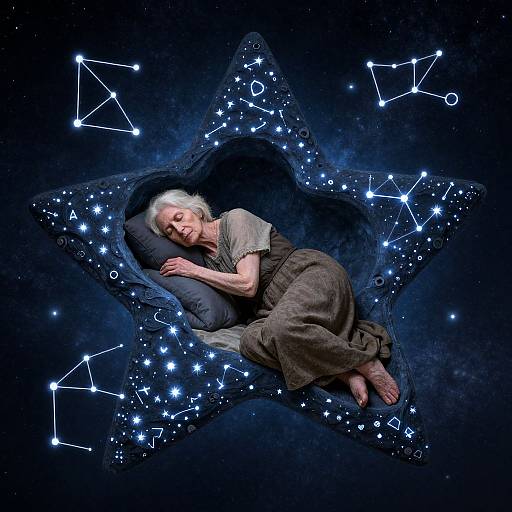 Photograph: Elderly woman with white hair sleeping inside a glowing blue star-shaped astrological chart, surrounded by constellation lines and stars. Dark blue background