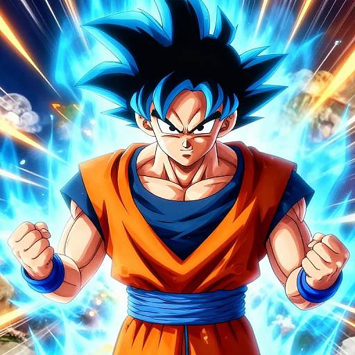 Digital art of Super Saiyan Son Goku with spiky black hair, intense blue eyes, orange gi, blue sash, and glowing aura.