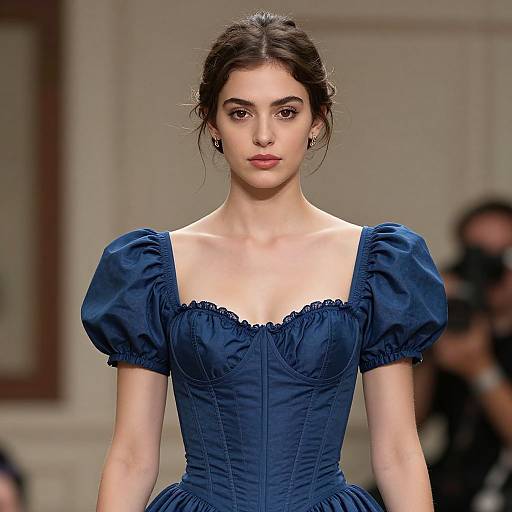 Photograph of a slender, fair-skinned woman with dark hair in a bun, wearing a blue, puffed-sleeve, corset-style