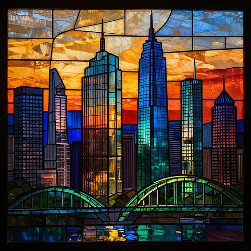 Vibrant stained-glass cityscape of skyscrapers at sunset, featuring a colorful sky with orange, red, and blue hues, and a