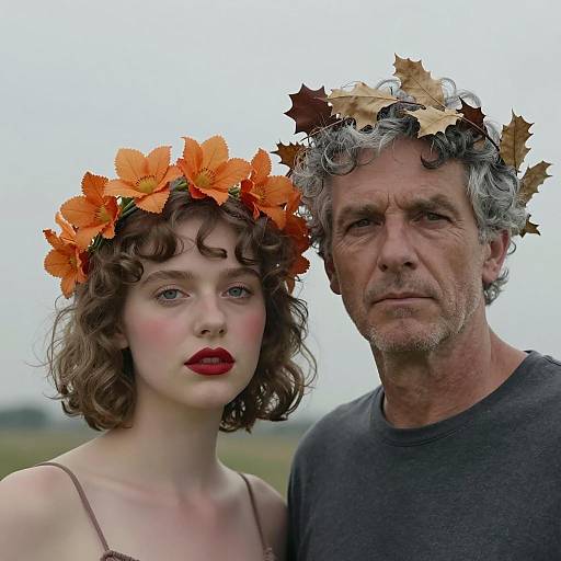 Young Woman and Older Man with Flower and Leaf Crowns