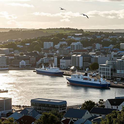 Photograph of a coastal cityscape at sunset, featuring three docked ships, urban buildings, green hills in the background, and birds flying above the