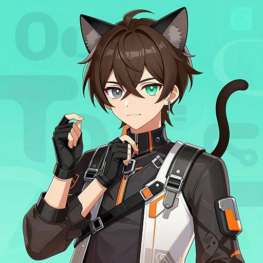 Anime-style digital drawing of a brown-haired, green-eyed catboy with black cat ears and tail, wearing a black and white harness, fingerless gloves