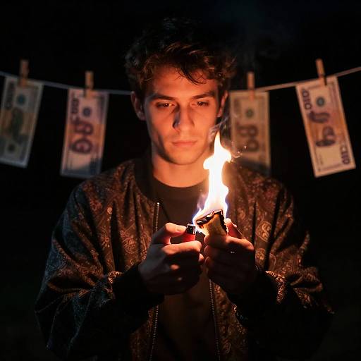 Man with Burning Money Photograph
