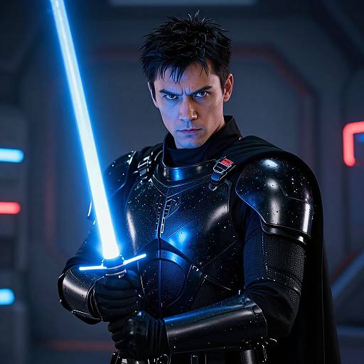 Photorealistic CGI of a serious, dark-haired man in black, glossy armor holding a glowing blue lightsaber in a futuristic, dimly lit setting