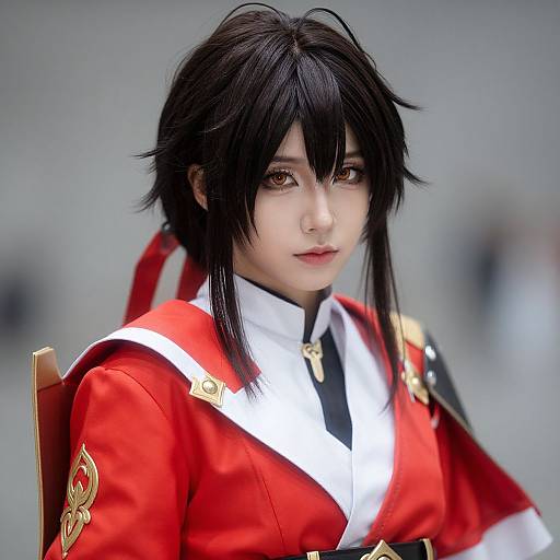 Photograph of an Asian woman with black hair in a red and white military-style cosplay uniform, sitting, blurred background.