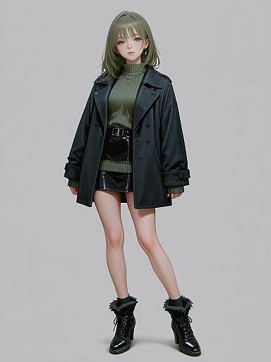 Digital anime-style drawing of a young woman with light green hair, wearing a black coat, green turtleneck, black shorts, and black boots,