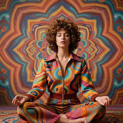 Photograph of a woman with curly brown hair, wearing a colorful, psychedelic zip-up jumpsuit, sitting cross-legged in a meditative pose against a