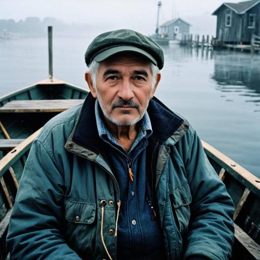 Elderly Fisherman in Boat During Foggy Morning