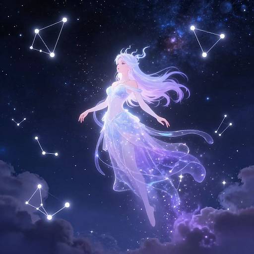 Digital artwork of a glowing, ethereal woman with flowing white hair floating in a starry night sky, surrounded by constellation lines and clouds.