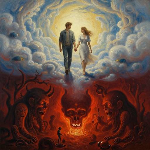 Digital fantasy artwork: A couple holds hands, walking through swirling blue clouds towards a bright sun, above a dark, fiery underworld filled with monstrous creatures and