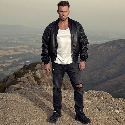 Photograph of a muscular man with short dark hair, wearing a black leather jacket, white tee, ripped black jeans, and black boots, standing on