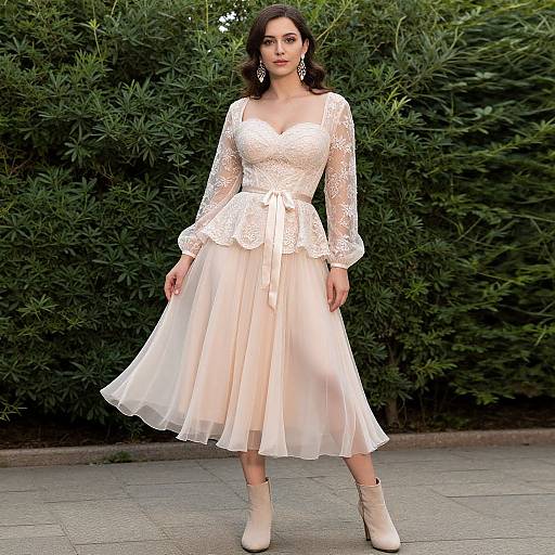 Photograph of a dark-haired woman in a white lace long-sleeve top and flowing white skirt, standing against lush green bushes, wearing beige ankle