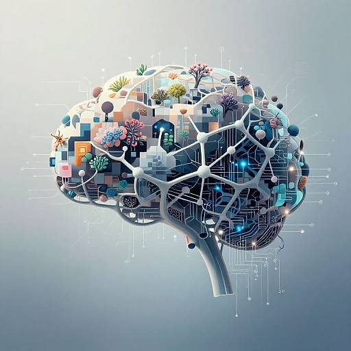 Digital artwork of a brain composed of interconnected tech symbols, colorful corals, and circuitry against a gradient blue background.