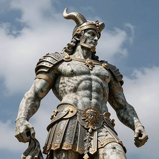 Photograph of a muscular, marble statue of a Viking warrior with horned helmet, detailed armor, and skirt, standing against a bright blue sky with