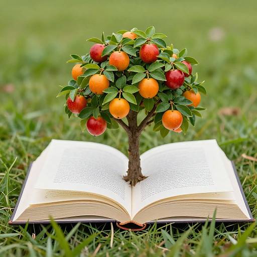 Photograph of an open book with a small orange tree growing from its center, laden with red and orange fruits, set on green grass.