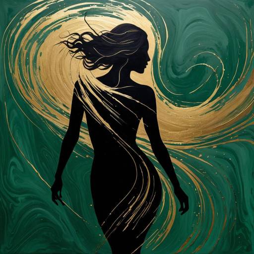 Silhouette of Woman with Gold Accents on Green Swirl Background
