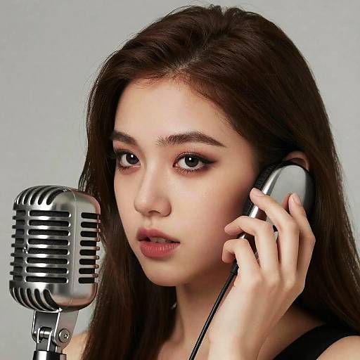 Young woman with vintage microphone