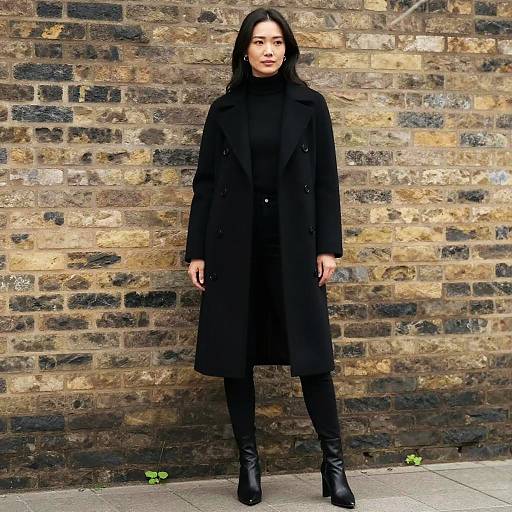 Asian woman with long black hair, wearing black coat, turtleneck, pants, and boots, stands against a rustic brick wall. Photograph.