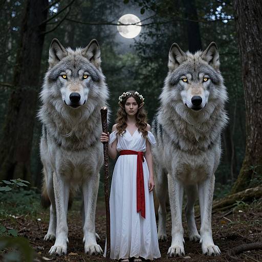 Photograph of a young woman in a white dress with a red sash, standing between two large, glowing-eyed wolves in a moonlit forest.