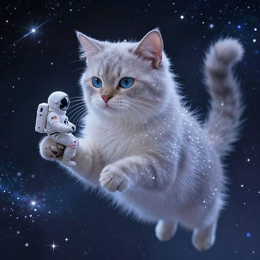 Digital artwork of a white fluffy kitten with blue eyes holding a small astronaut figure against a starry, cosmic background.
