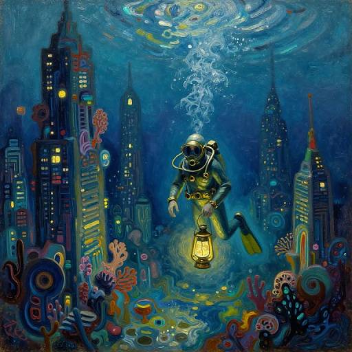 Digital painting of a scuba diver holding a lantern, underwater in a vibrant, surreal cityscape with colorful corals and illuminated skyscrapers, surrounded