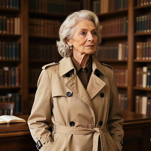 Elderly Woman in Trench Coat in Historic Library